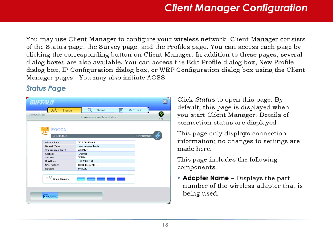 Buffalo Technology WLI-CB-AG300NH user manual Client Manager Configuration, Status 