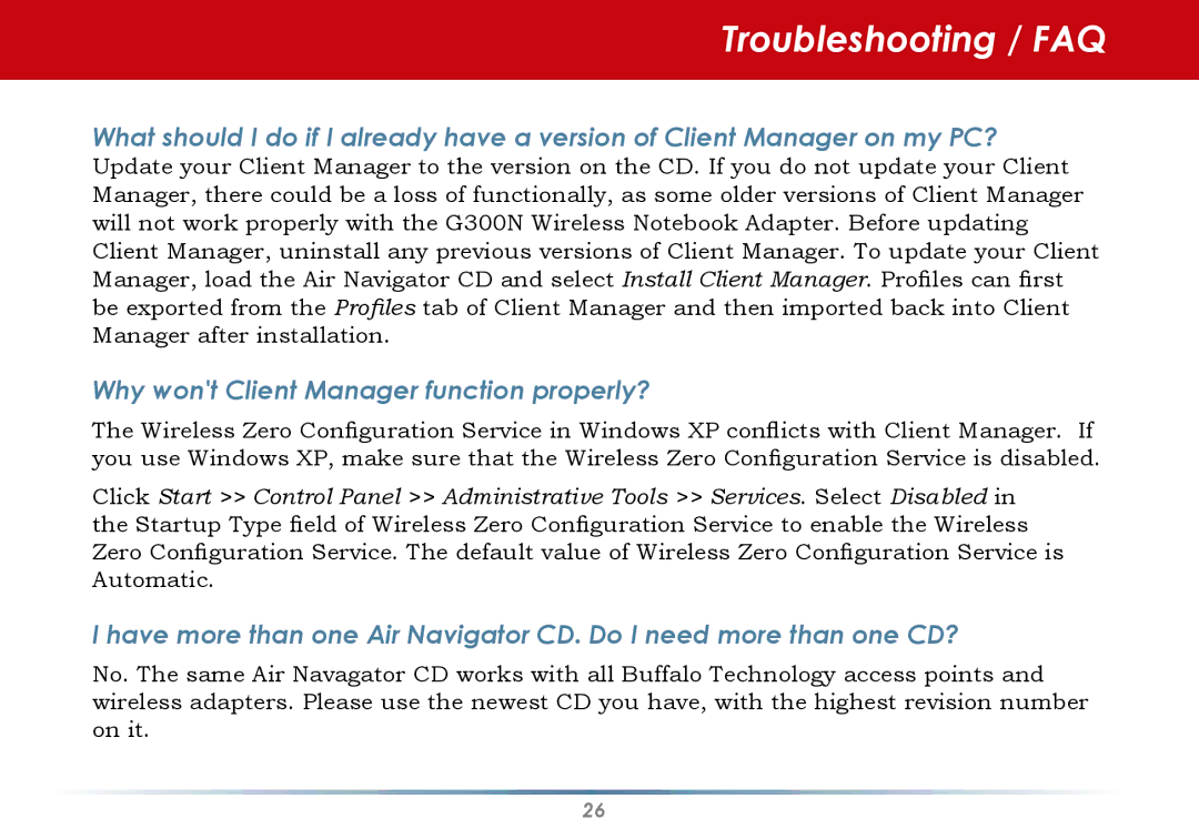 Buffalo Technology WLI-CB-AG300NH user manual Troubleshooting / FAQ, Why wont Client Manager function properly? 