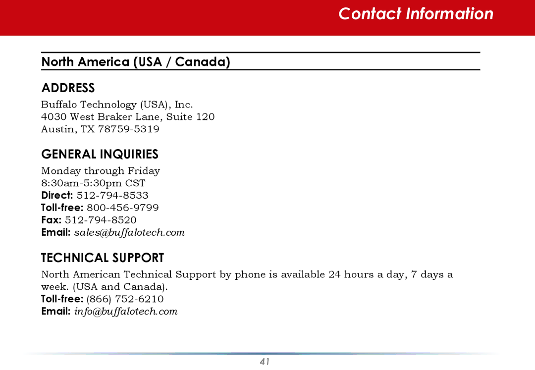 Buffalo Technology WLI-CB-AG300NH user manual Contact Information, General Inquiries 