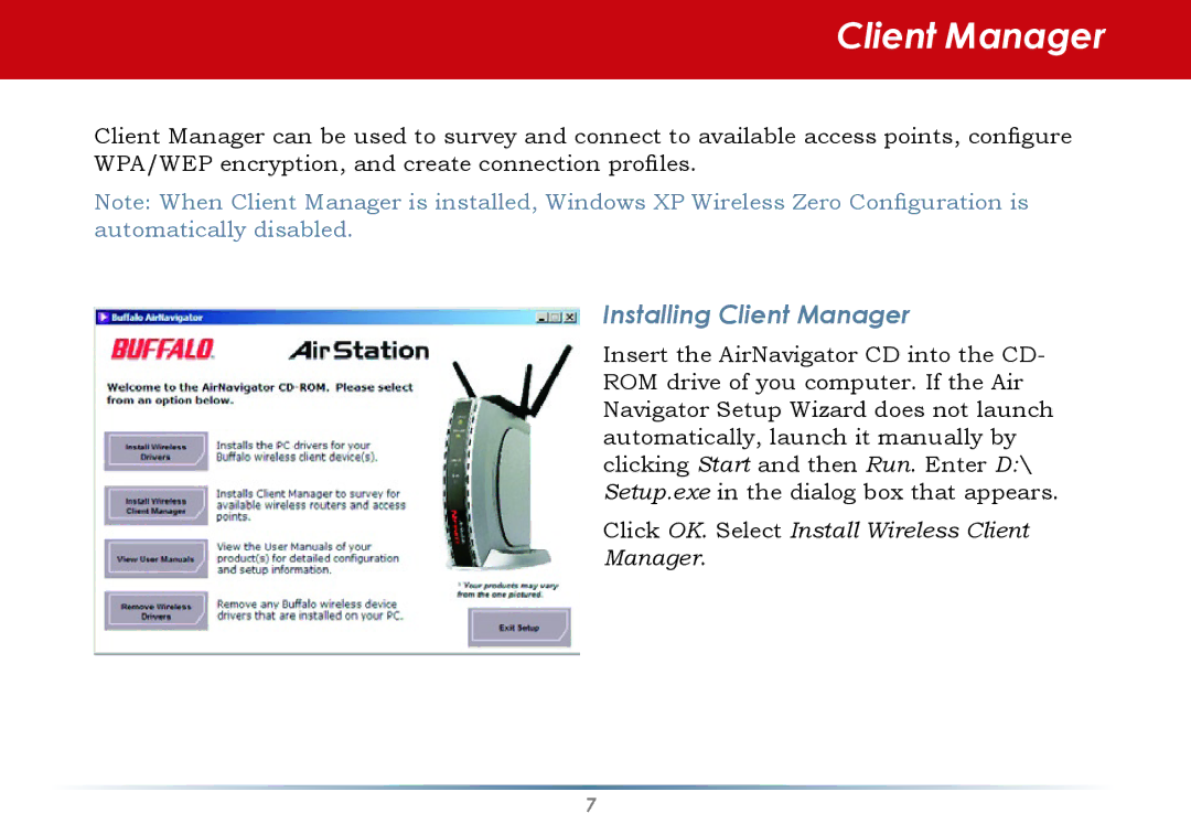 Buffalo Technology WLI-CB-AG300NH user manual Installing Client Manager 