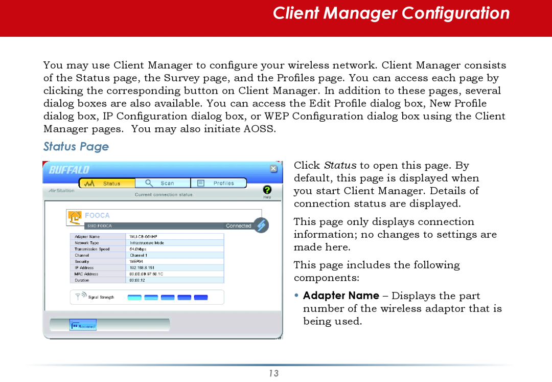 Buffalo Technology WLI-CB-AG300NH user manual Client Manager Configuration, Status Page 
