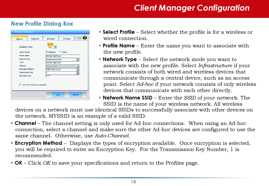 Buffalo Technology WLI-CB-AG300NH user manual Client Manager Configuration, New Profile Dialog Box 