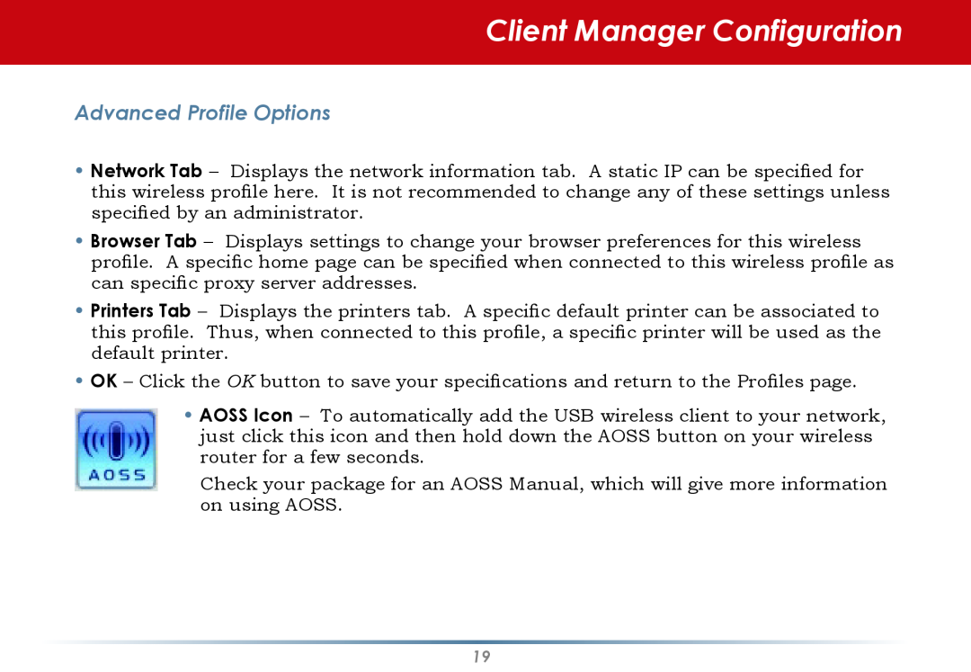 Buffalo Technology WLI-CB-AG300NH user manual Client Manager Configuration, Advanced Profile Options 