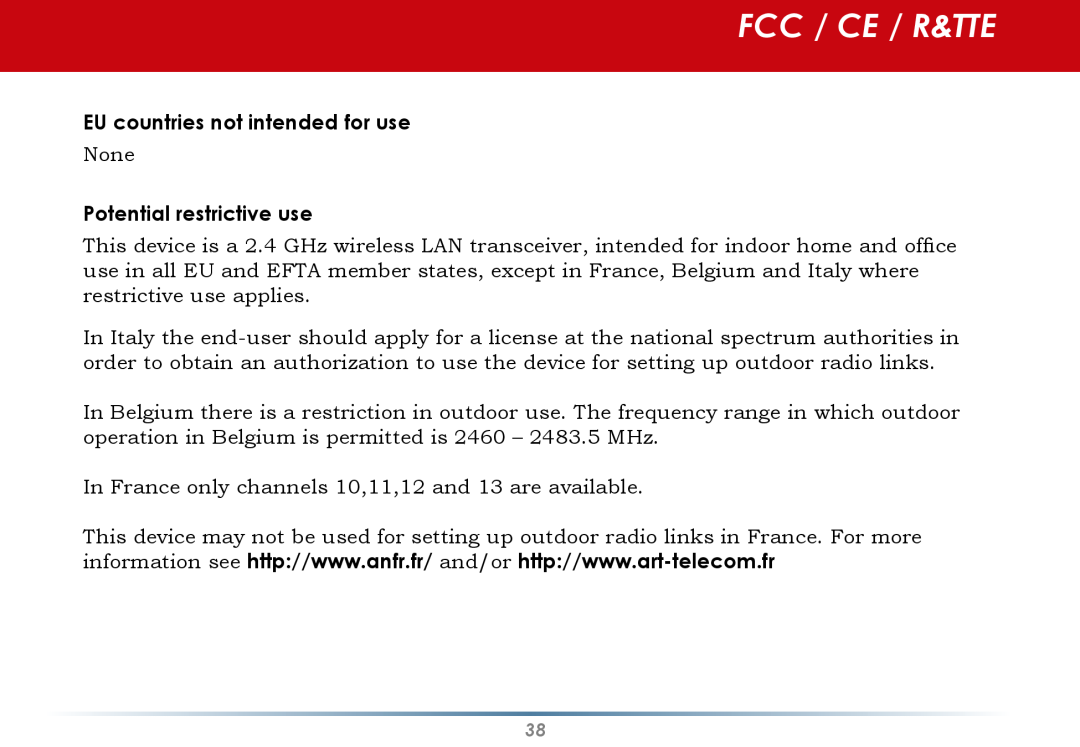 Buffalo Technology WLI-CB-AG300NH Fcc / Ce / R&Tte, EU countries not intended for use, Potential restrictive use 