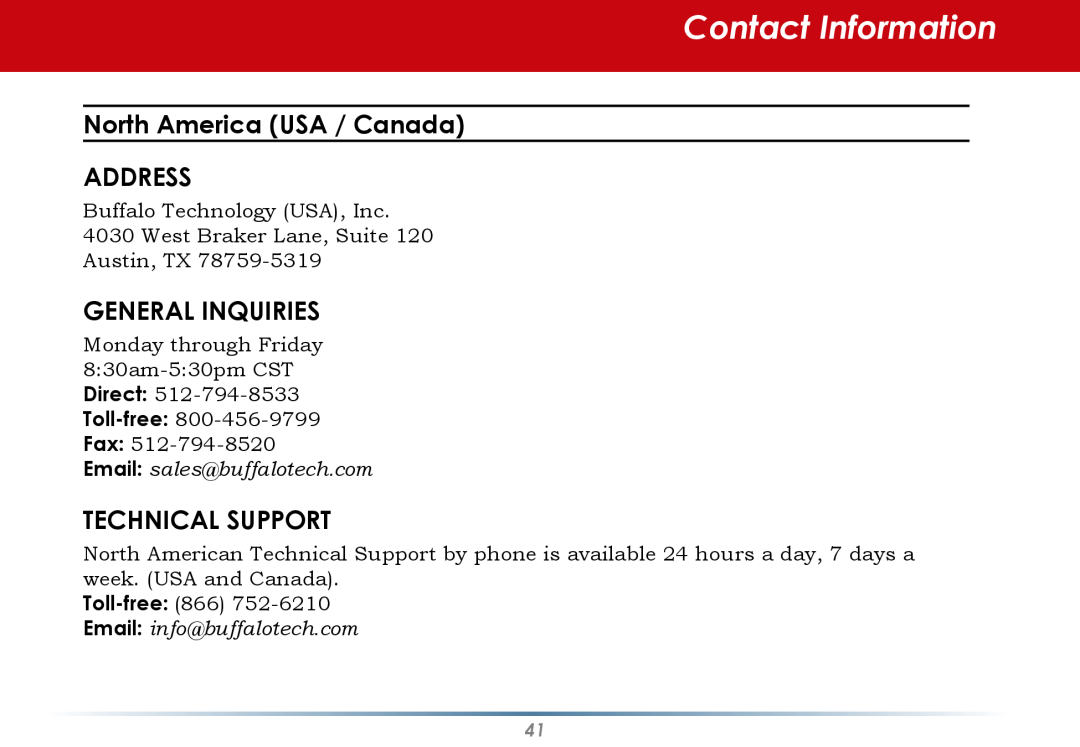 Buffalo Technology WLI-CB-AG300NH user manual Contact Information, North America USA / Canada ADDRESS, General Inquiries 