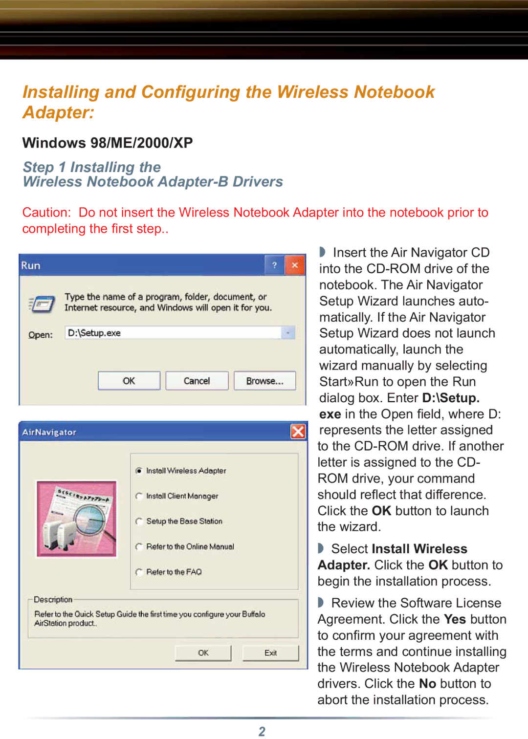 Buffalo Technology WLI-CB-B11 setup guide Installing and Conﬁguring the Wireless Notebook Adapter, Select Install Wireless 