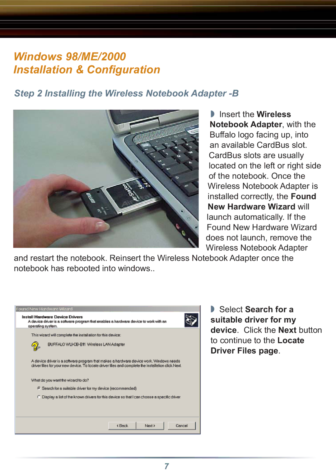 Buffalo Technology WLI-CB-B11 Windows 98/ME/2000 Installation & Conﬁguration, Installing the Wireless Notebook Adapter -B 