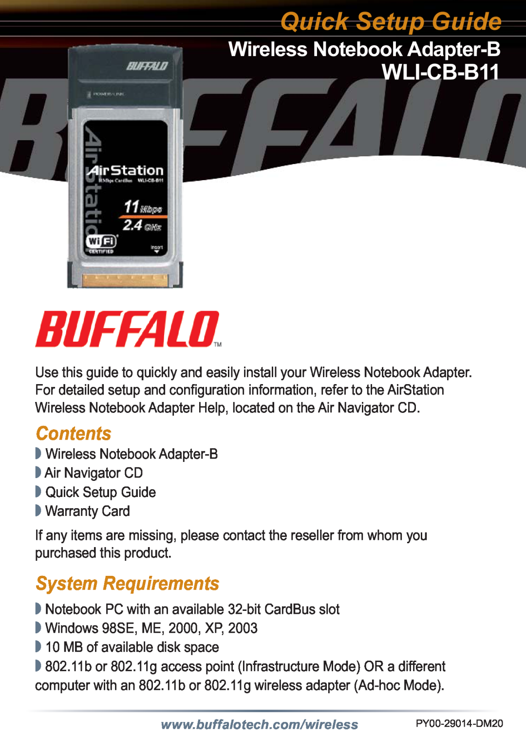 Buffalo Technology WLI-CB-B11 setup guide Quick Setup Guide, Wireless Notebook Adapter-B, Contents, System Requirements 