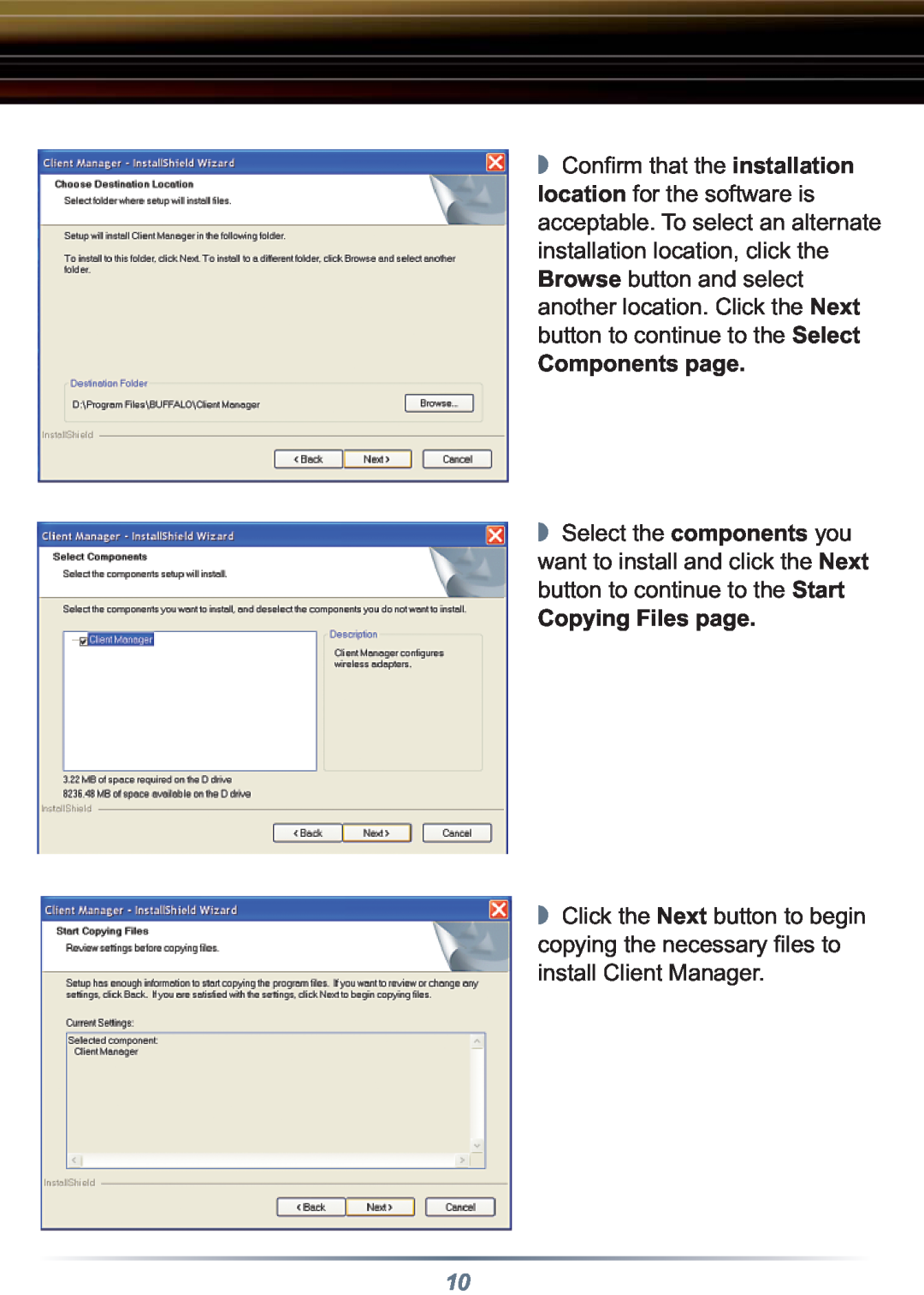 Buffalo Technology WLI-CB-B11 setup guide Components page, Copying Files page 