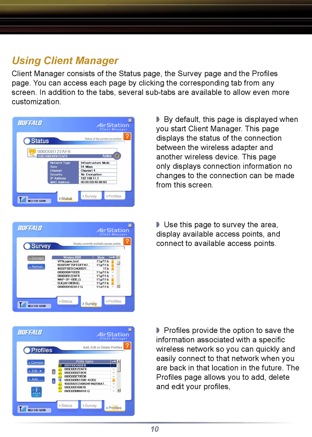 Buffalo Technology WLI-CB-G108 setup guide Using Client Manager 