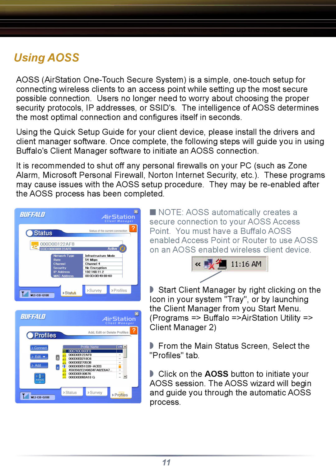 Buffalo Technology WLI-CB-G108 setup guide Using Aoss 