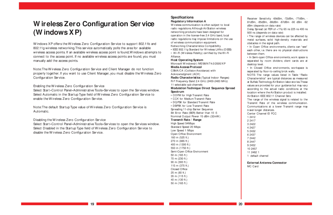 Buffalo Technology WLI-CB-G54A user manual Wireless Zero Configuration Service Windows XP, Specifications 