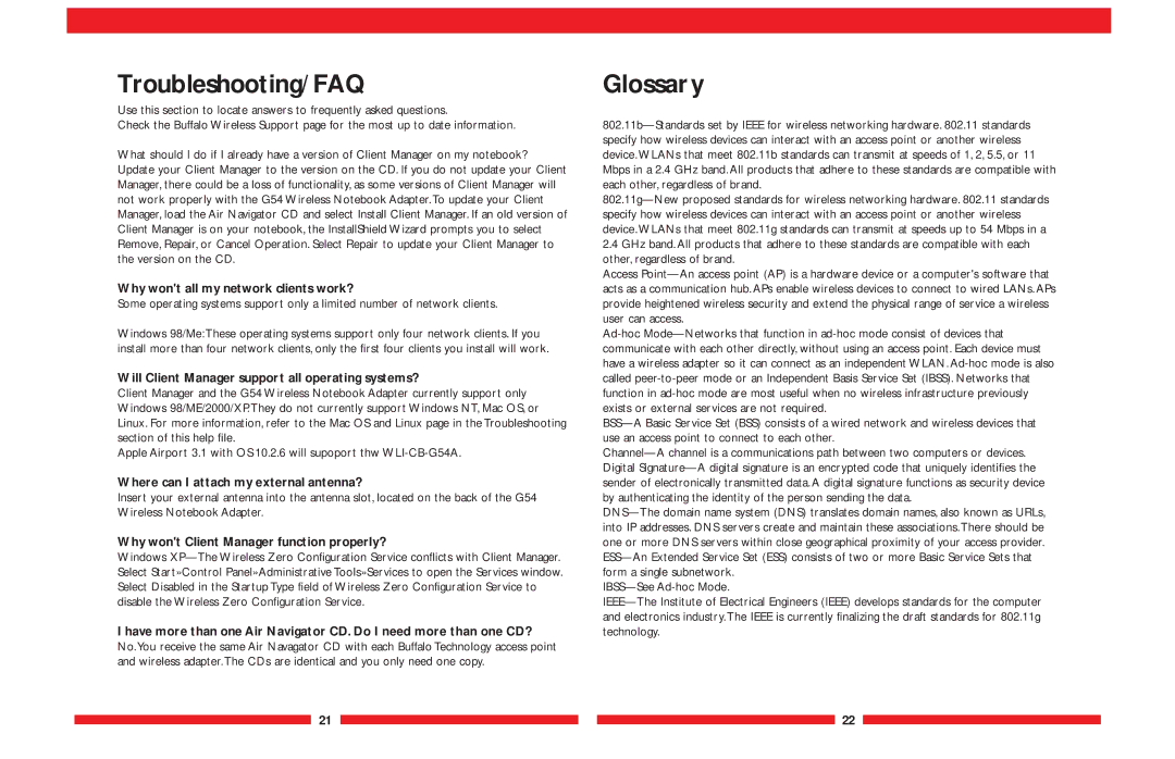 Buffalo Technology WLI-CB-G54A user manual Troubleshooting/FAQ, Glossary 