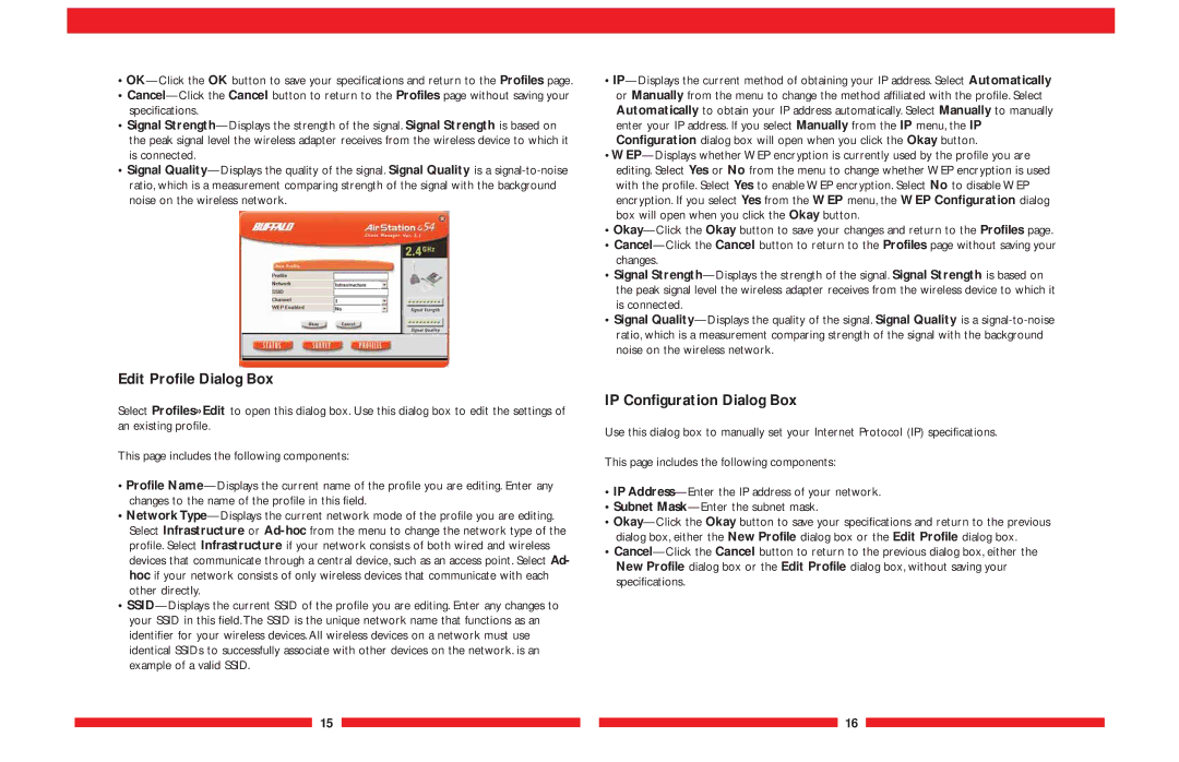 Buffalo Technology WLI-CB-G54A user manual Edit Profile Dialog Box, IP Configuration Dialog Box 