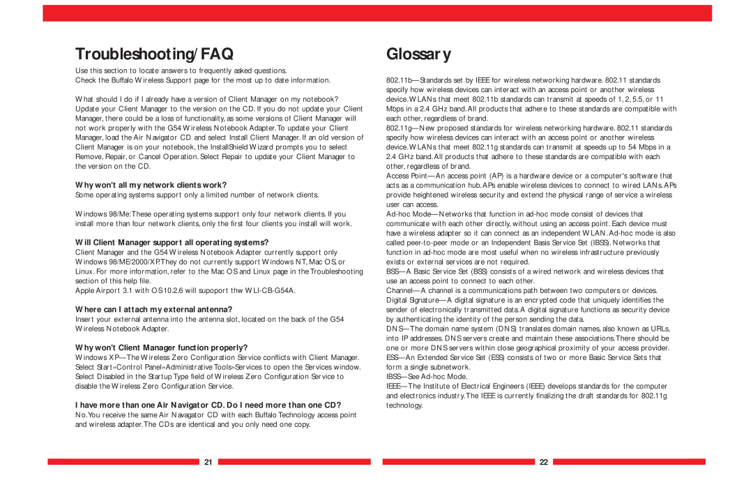 Buffalo Technology WLI-CB-G54A user manual Troubleshooting/FAQ, Glossary, Why wont all my network clients work? 
