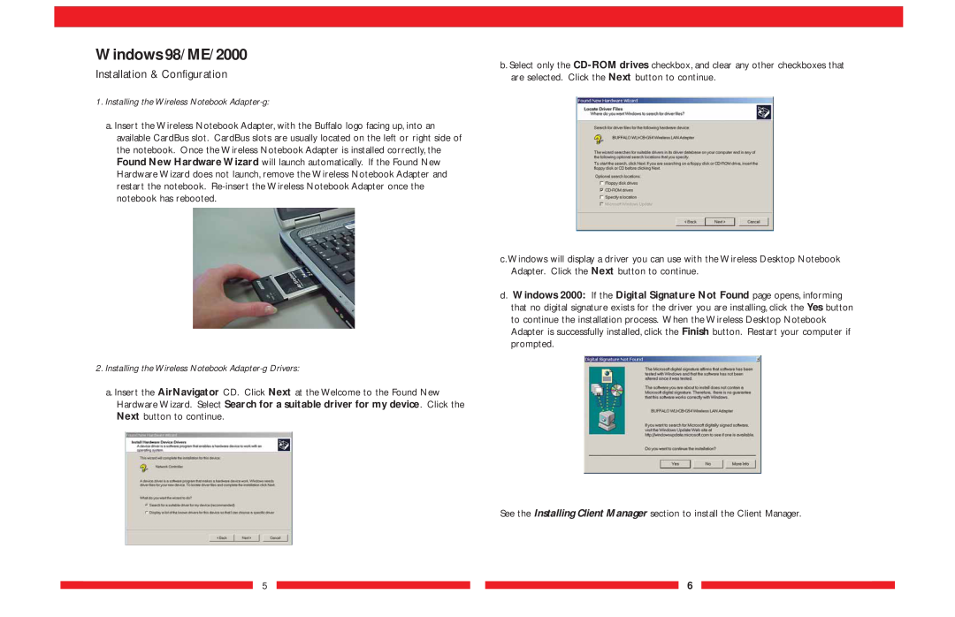Buffalo Technology WLI-CB-G54A user manual Windows 98/ME/2000, Installing the Wireless Notebook Adapter-g 