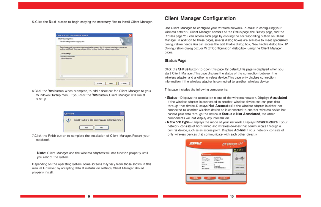 Buffalo Technology WLI-CB-G54A user manual Client Manager Configuration, Status Page 