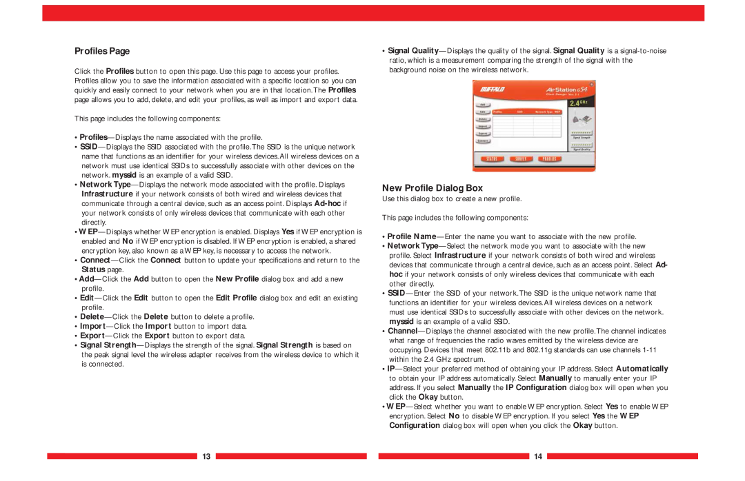 Buffalo Technology WLI-CB-G54A user manual Profiles Page, New Profile Dialog Box 