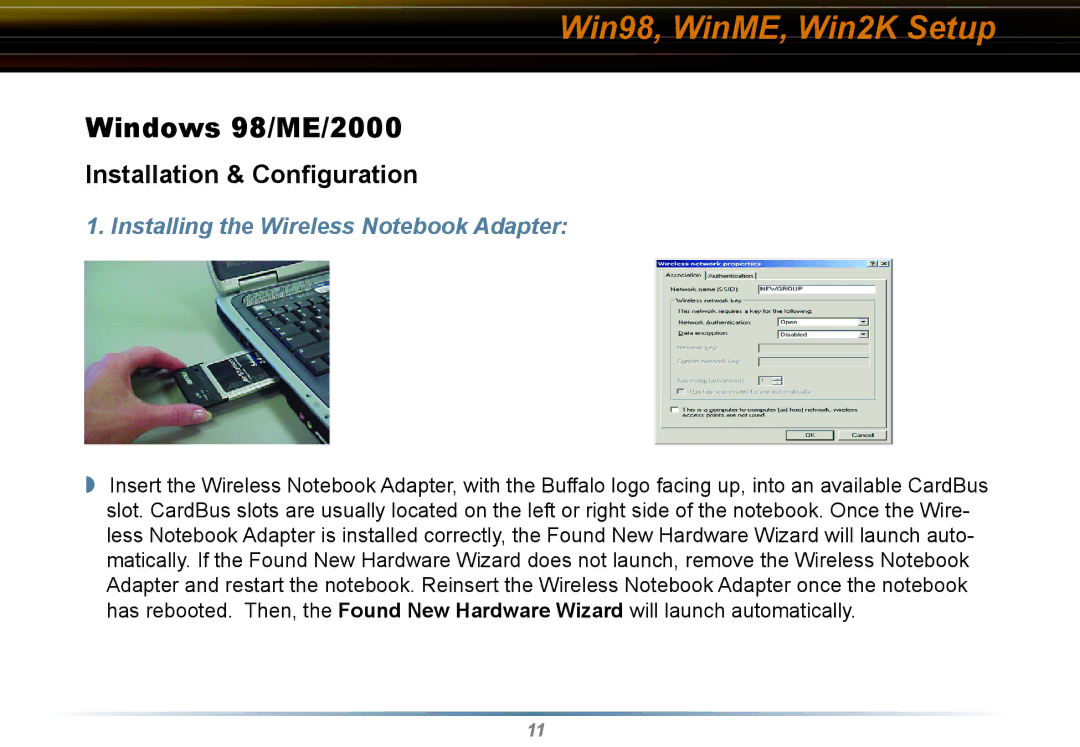 Buffalo Technology WLI-CB-G54HP user manual Win98, WinME, Win2K Setup, Windows 98/ME/2000 