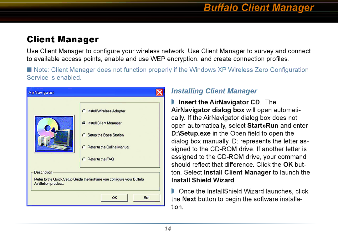 Buffalo Technology WLI-CB-G54HP user manual Buffalo Client Manager, Installing Client Manager 