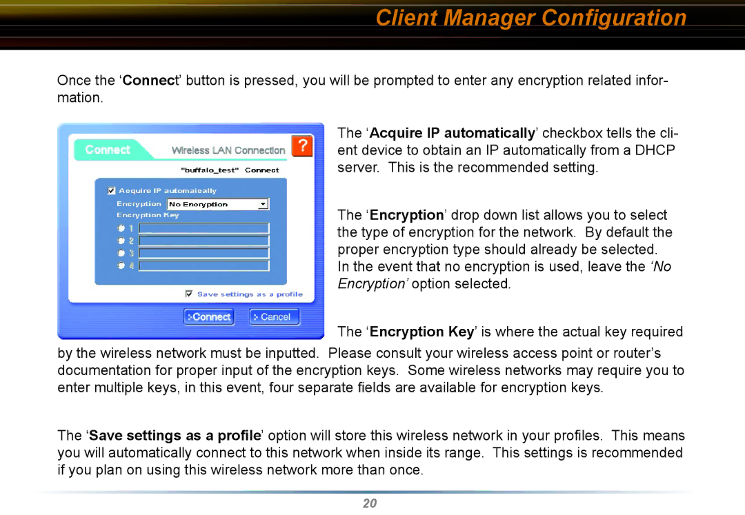 Buffalo Technology WLI-CB-G54HP user manual Client Manager Conﬁguration 