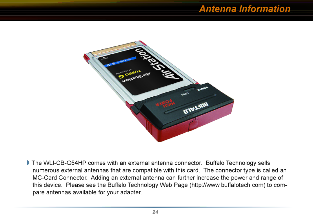 Buffalo Technology WLI-CB-G54HP user manual Antenna Information 