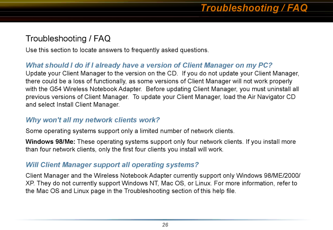 Buffalo Technology WLI-CB-G54HP user manual Troubleshooting / FAQ, Why wont all my network clients work? 