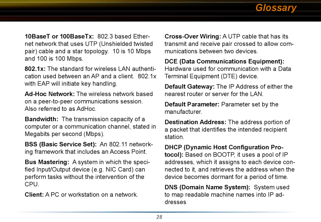 Buffalo Technology WLI-CB-G54HP user manual Glossary, DCE Data Communications Equipment 