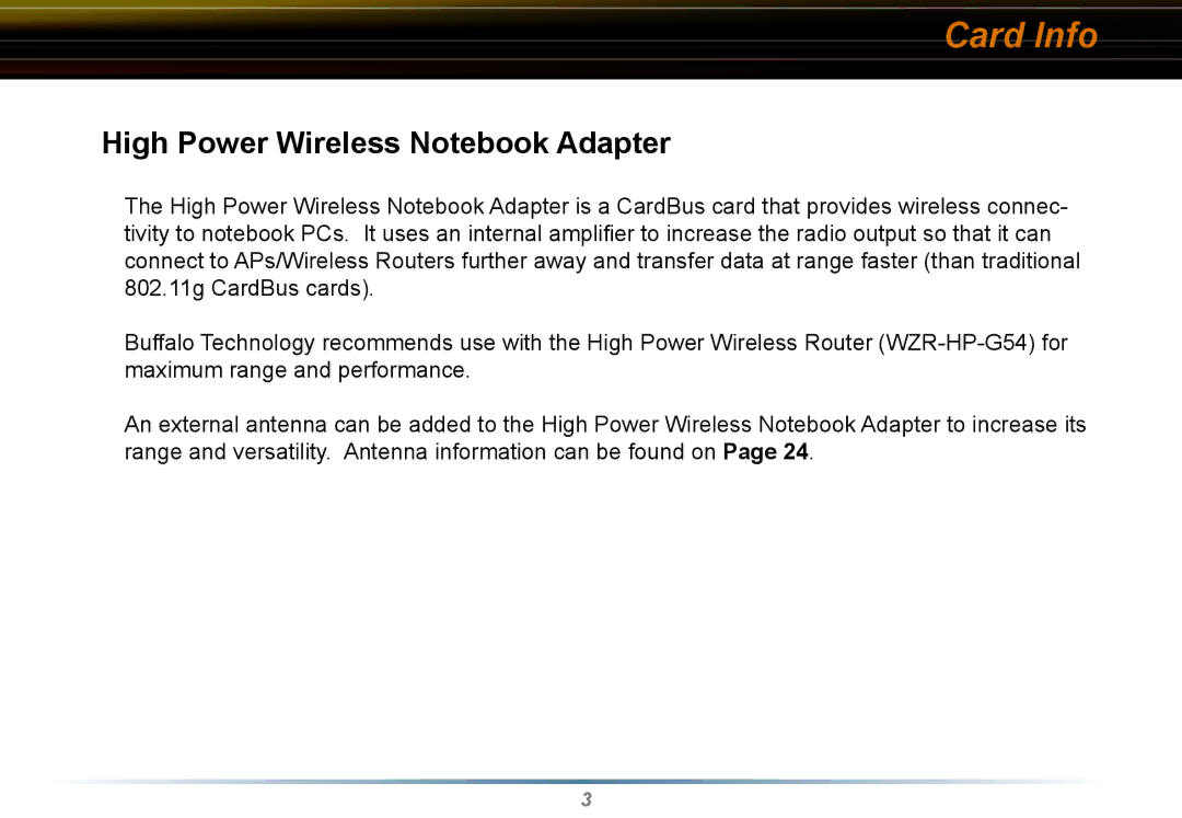 Buffalo Technology WLI-CB-G54HP user manual Card Info, High Power Wireless Notebook Adapter 