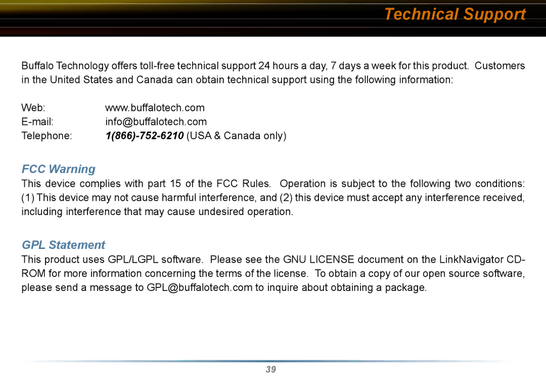 Buffalo Technology WLI-CB-G54HP user manual Technical Support, FCC Warning, GPL Statement 