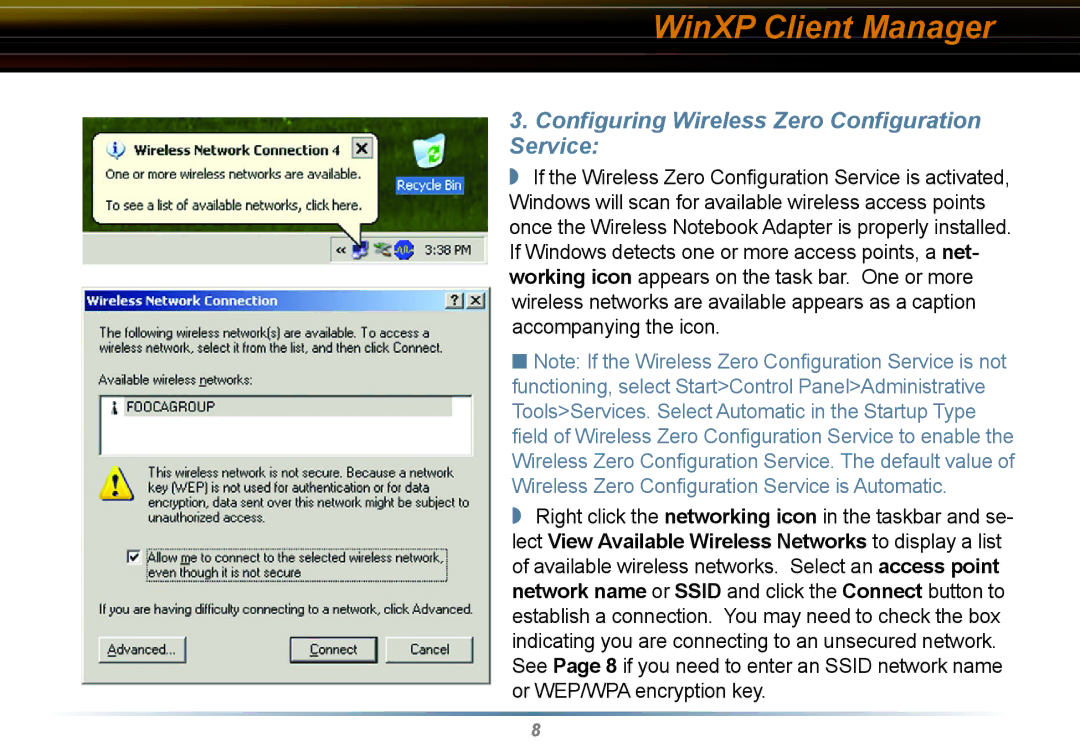 Buffalo Technology WLI-CB-G54HP user manual WinXP Client Manager, Conﬁguring Wireless Zero Conﬁguration Service 