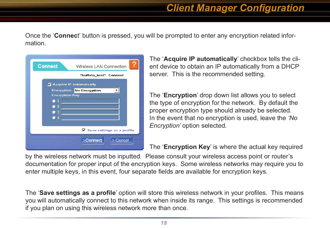 Buffalo Technology WLI-CB-G54L user manual Client Manager Conﬁguration 