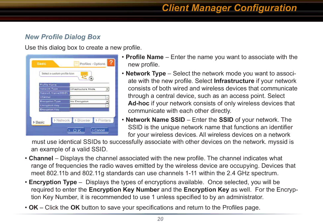 Buffalo Technology WLI-CB-G54L user manual New Proﬁle Dialog Box 