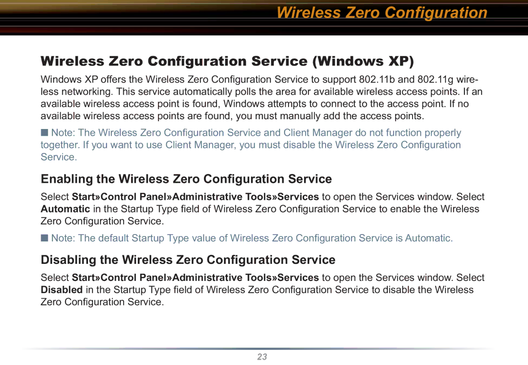 Buffalo Technology WLI-CB-G54L user manual Wireless Zero Conﬁguration Service Windows XP 