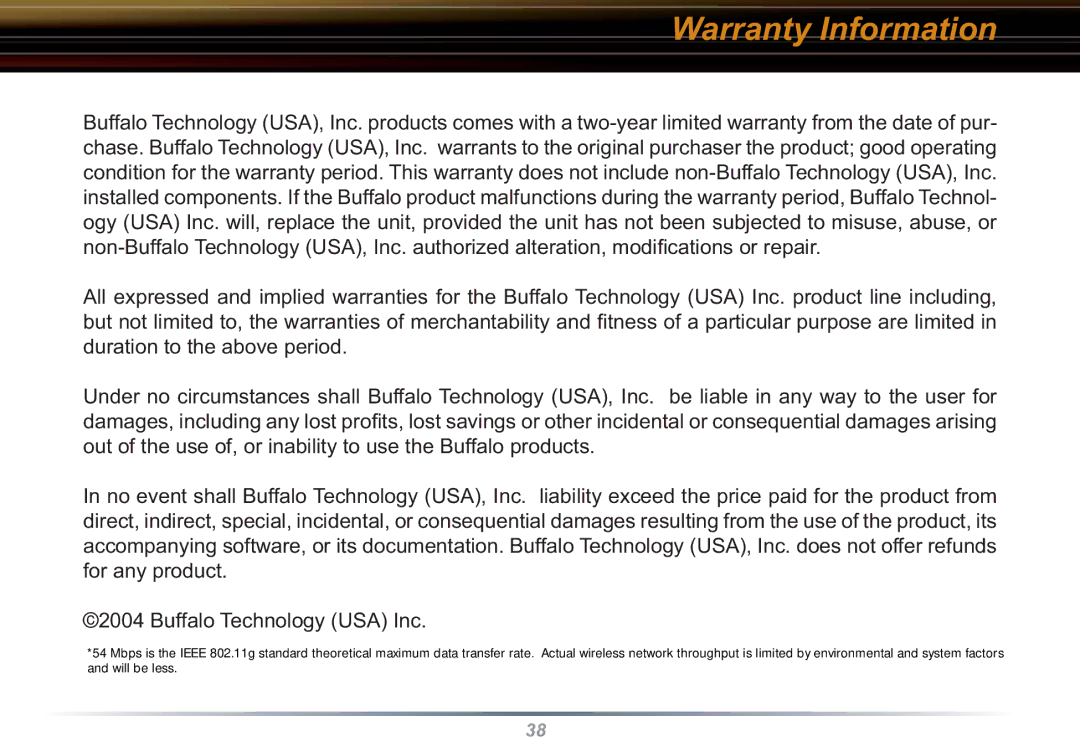 Buffalo Technology WLI-CB-G54L user manual Warranty Information 
