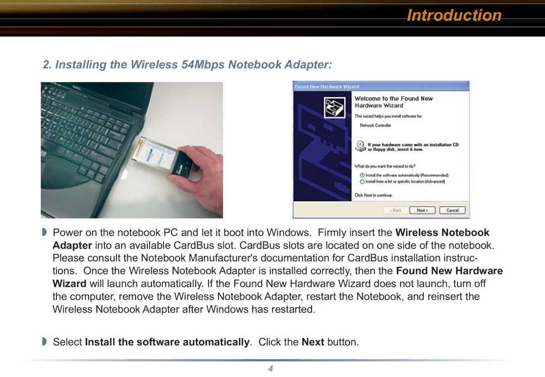 Buffalo Technology WLI-CB-G54L user manual Installing the Wireless 54Mbps Notebook Adapter 