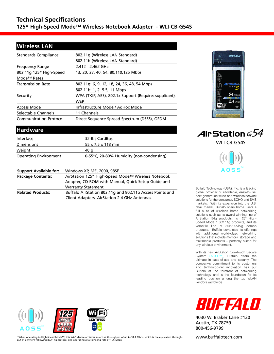 Buffalo Technology WLI-CB-G54S manual Wireless LAN, Hardware, Support Available for, Package Contents, Related Products 