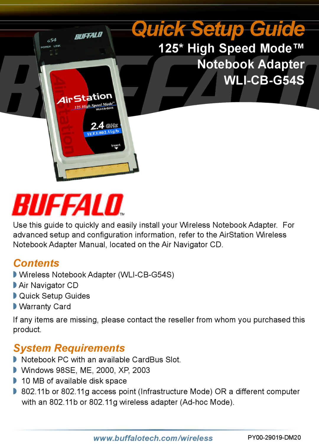 Buffalo Technology WLI-CB-G54S setup guide Contents, System Requirements 