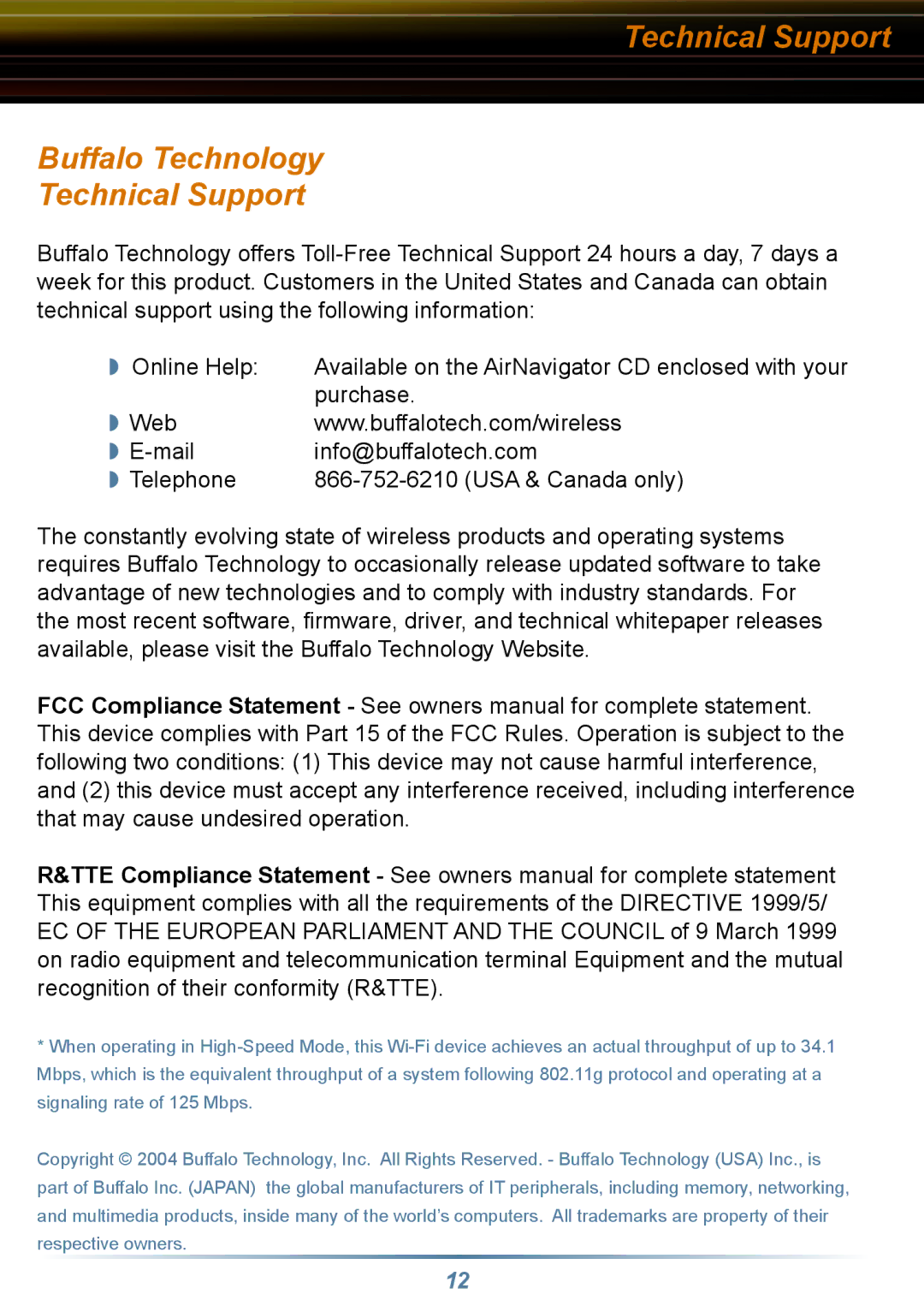 Buffalo Technology WLI-CB-G54S setup guide Technical Support Buffalo Technology 