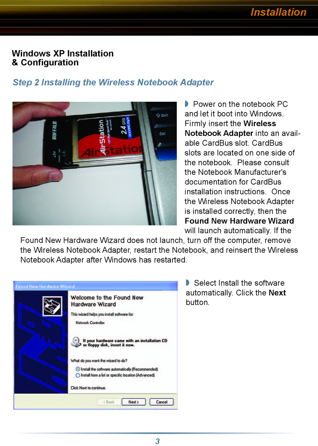 Buffalo Technology WLI-CB-G54S setup guide Installation, Installing the Wireless Notebook Adapter 