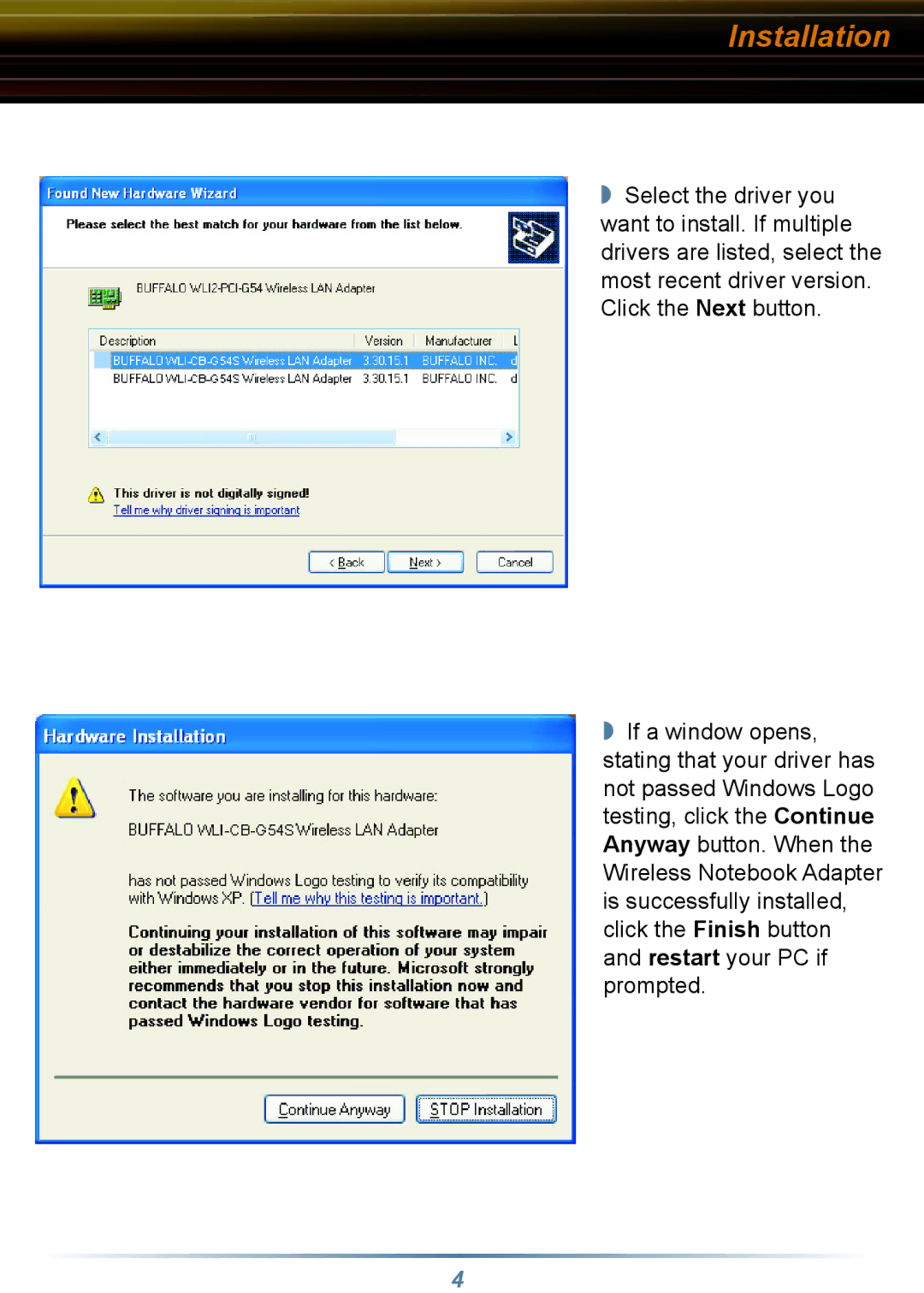 Buffalo Technology WLI-CB-G54S setup guide Installation 