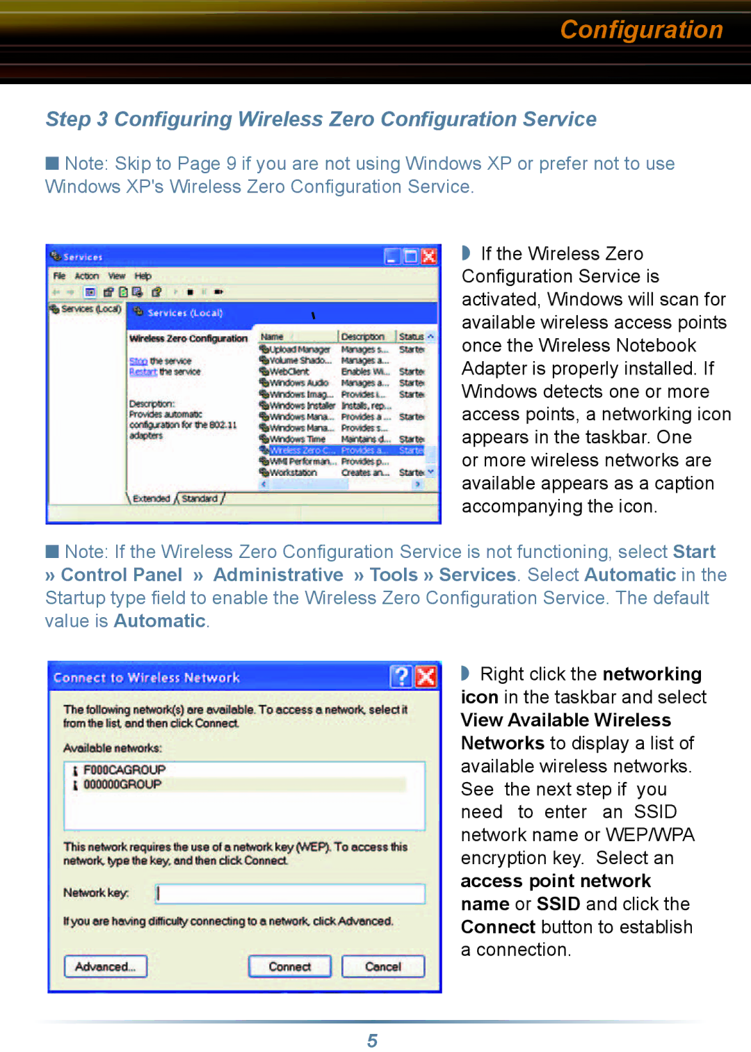 Buffalo Technology WLI-CB-G54S setup guide Conﬁguring Wireless Zero Conﬁguration Service 