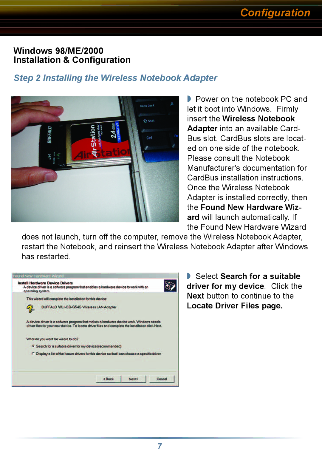 Buffalo Technology WLI-CB-G54S setup guide Windows 98/ME/2000 Installation & Conﬁguration 