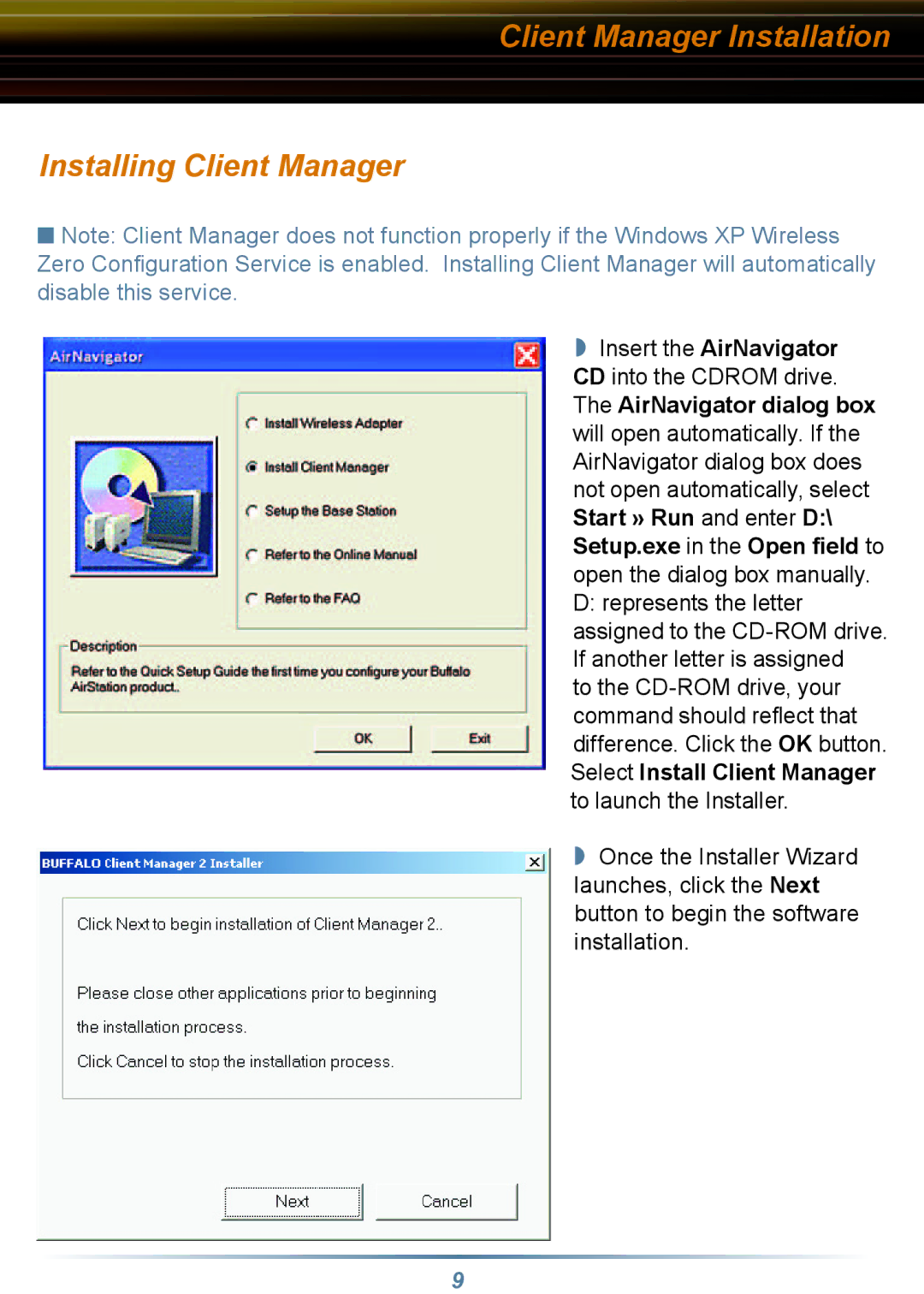 Buffalo Technology WLI-CB-G54S setup guide Client Manager Installation Installing Client Manager 