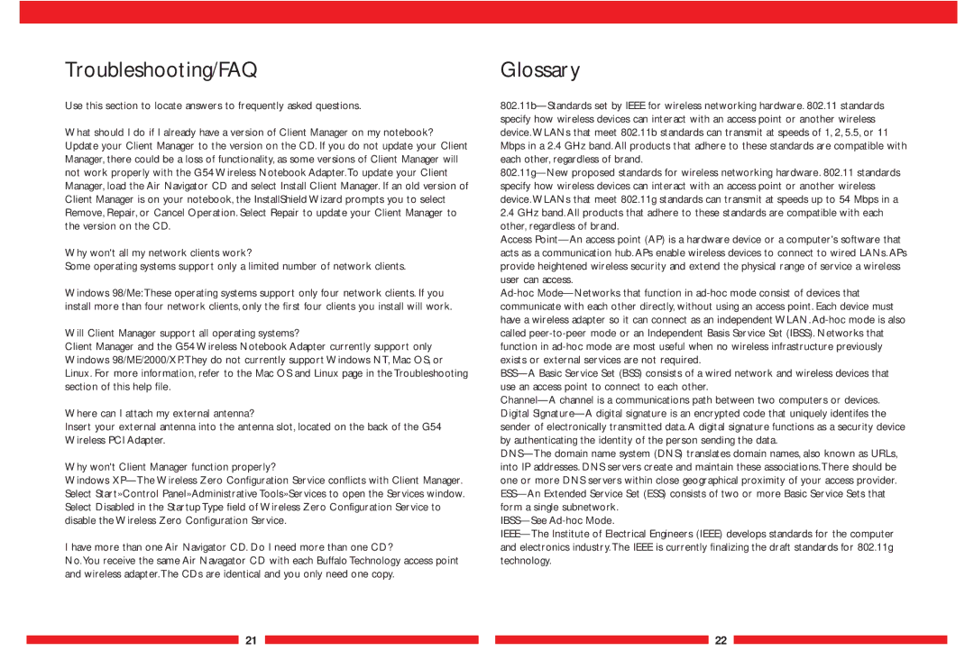 Buffalo Technology WLI-PCI-G54 user manual Troubleshooting/FAQ, Glossary 