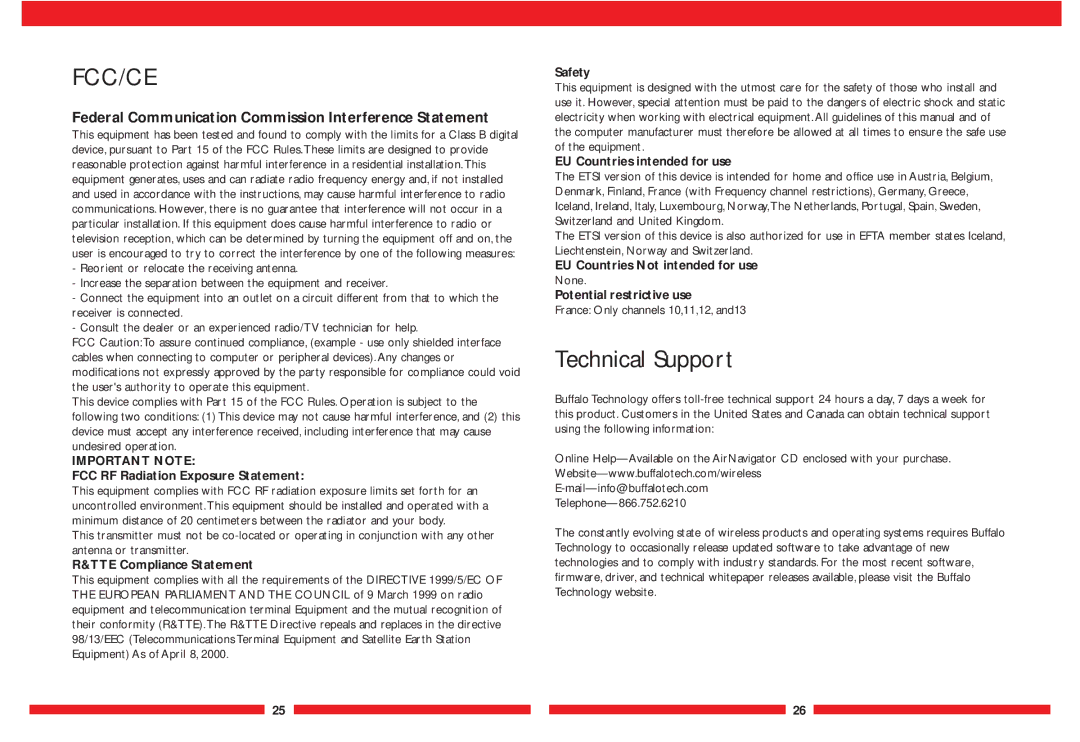 Buffalo Technology WLI-PCI-G54 user manual Technical Support, None, France Only channels 10,11,12, and13 