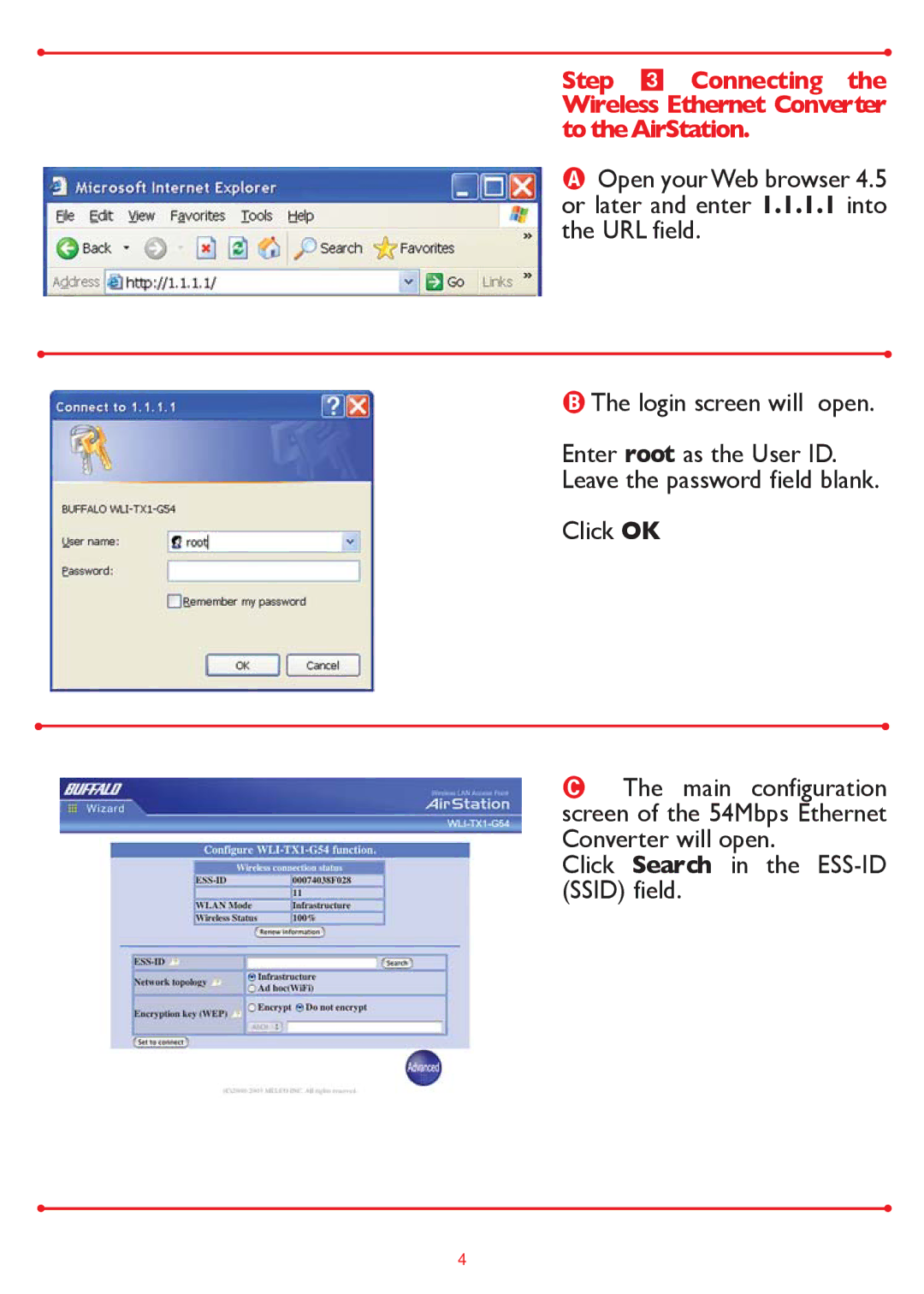 Buffalo Technology WLI-TX1-G54 manual Enter root as the User ID. Leave the password field blank 