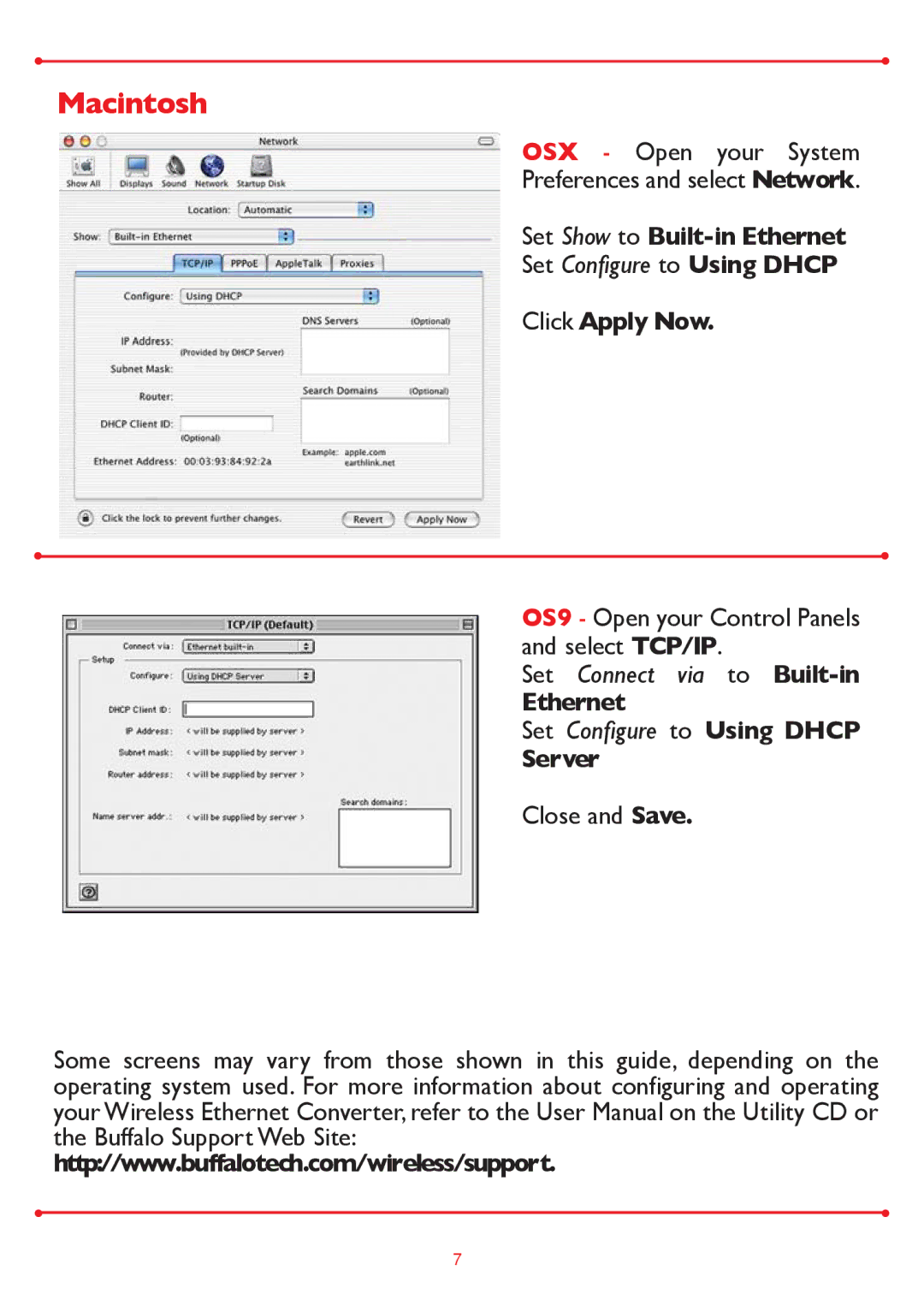 Buffalo Technology WLI-TX1-G54 manual Macintosh, Set Show to Built-in Ethernet, Server 