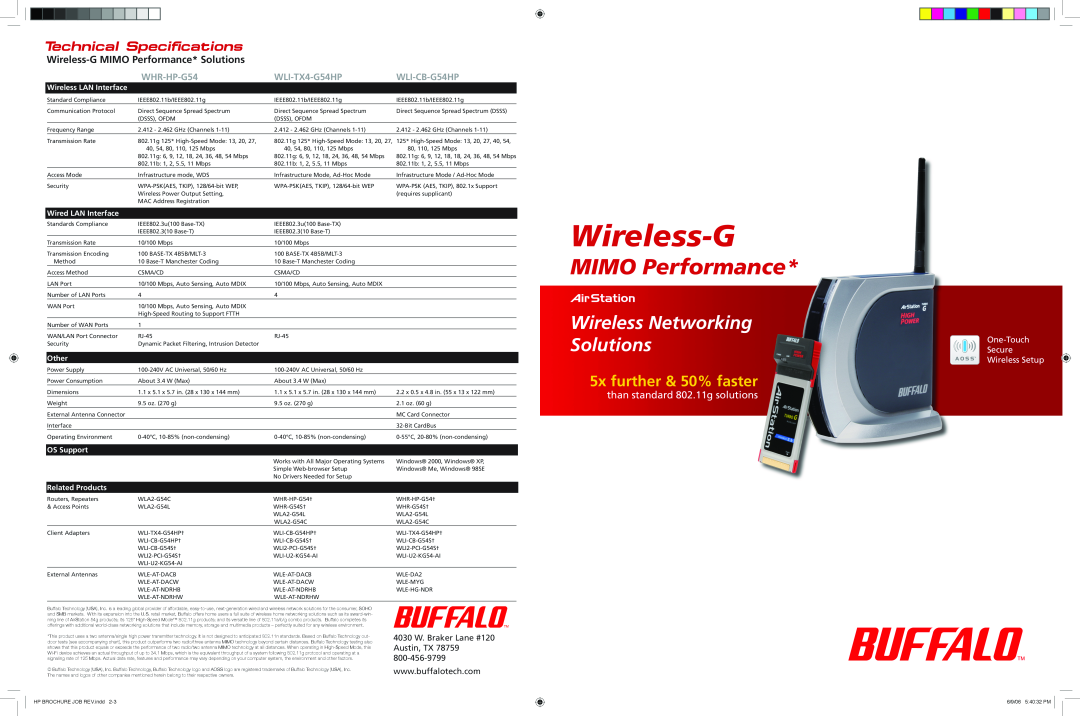 Buffalo Technology WLI-TX4-G54 technical specifications Technical Specifications, Wireless-G, MIMO Performance, WHR-HP-G54 