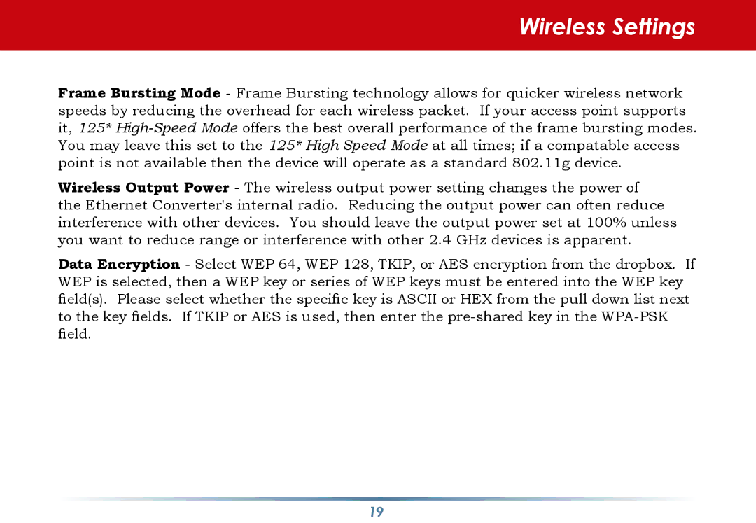 Buffalo Technology WLI-TX4-G54HP user manual Wireless Settings 